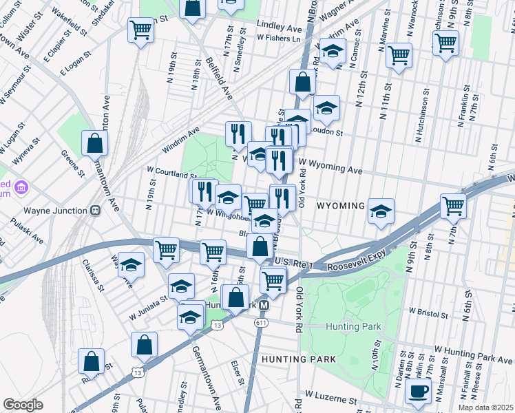 map of restaurants, bars, coffee shops, grocery stores, and more near 4556 North 15th Street in Philadelphia