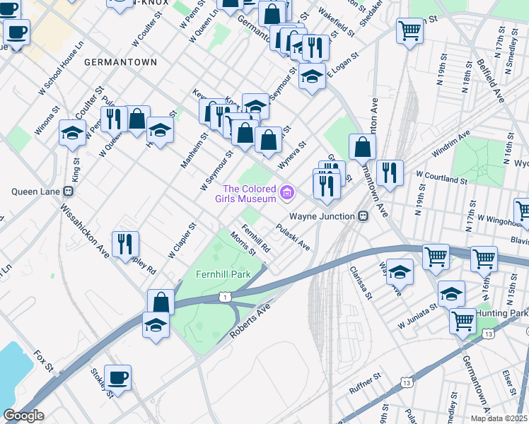 map of restaurants, bars, coffee shops, grocery stores, and more near 4835 Pulaski Avenue in Philadelphia