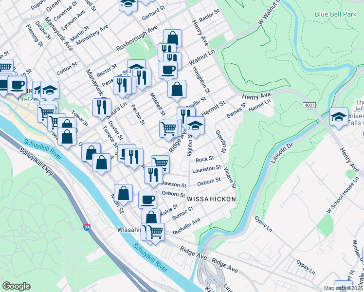 map of restaurants, bars, coffee shops, grocery stores, and more near 5442 Ridge Avenue in Philadelphia
