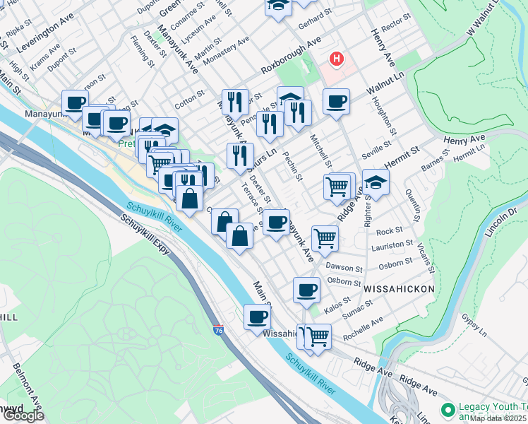 map of restaurants, bars, coffee shops, grocery stores, and more near 3943 Terrace Street in Philadelphia