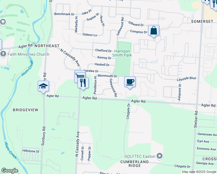map of restaurants, bars, coffee shops, grocery stores, and more near 3220 Turner Court in Columbus