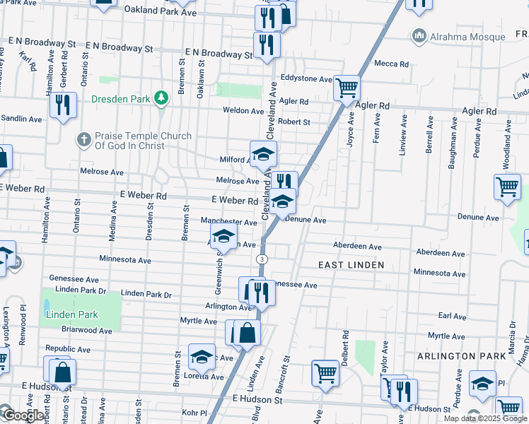 map of restaurants, bars, coffee shops, grocery stores, and more near in Columbus