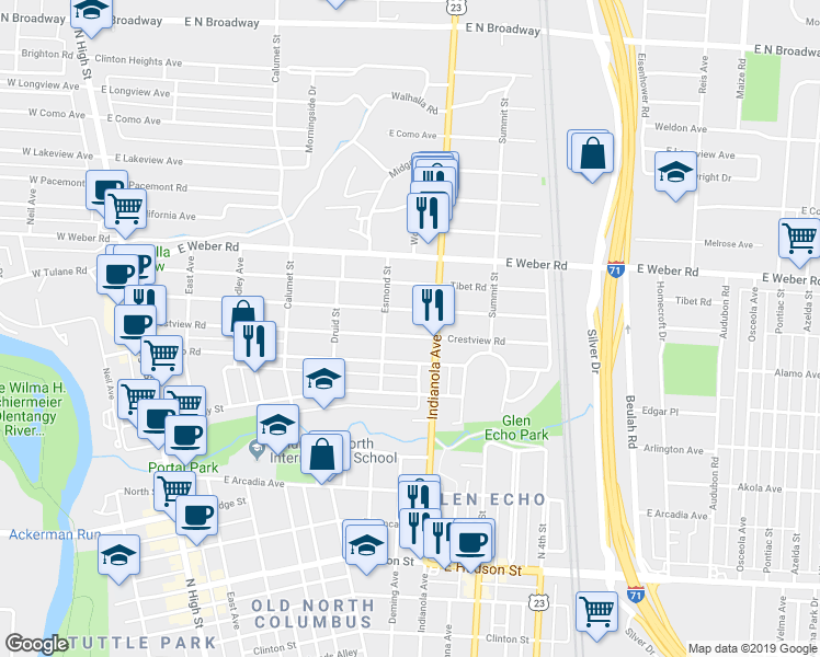 map of restaurants, bars, coffee shops, grocery stores, and more near 394 East Tulane Road in Columbus