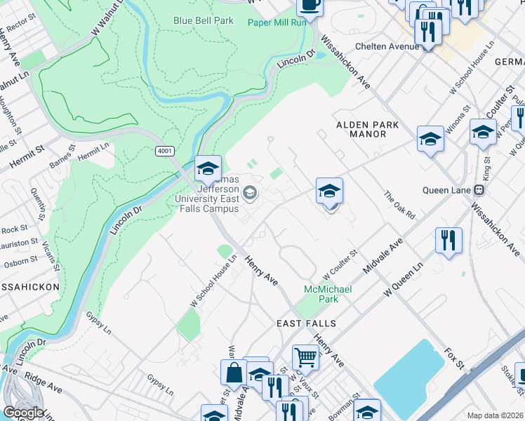 map of restaurants, bars, coffee shops, grocery stores, and more near 4201 Henry Avenue in Philadelphia