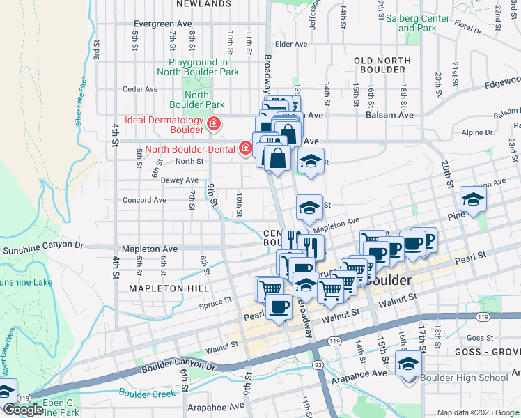 map of restaurants, bars, coffee shops, grocery stores, and more near 1111 Maxwell Avenue in Boulder