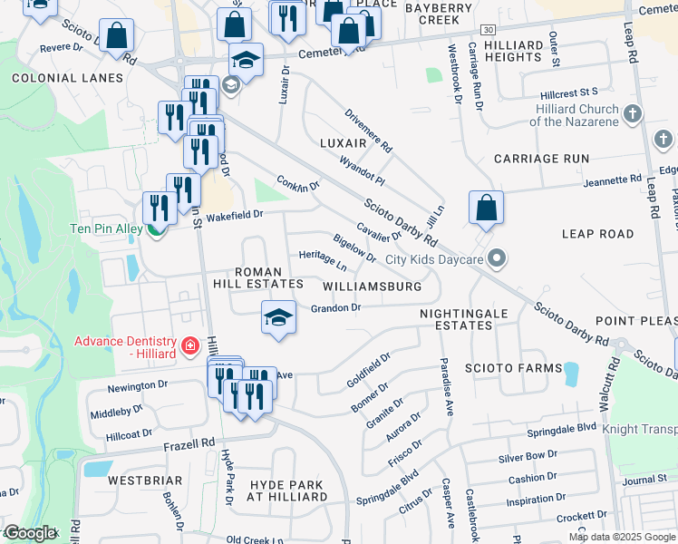 map of restaurants, bars, coffee shops, grocery stores, and more near 5212 Heritage Lane in Hilliard
