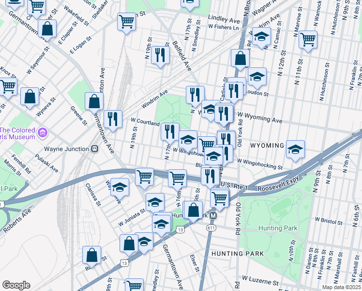 map of restaurants, bars, coffee shops, grocery stores, and more near 4513 North Smedley Street in Philadelphia