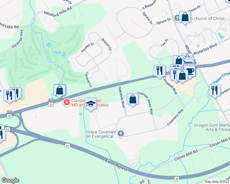 map of restaurants, bars, coffee shops, grocery stores, and more near 100 Oaklands Boulevard in Exton