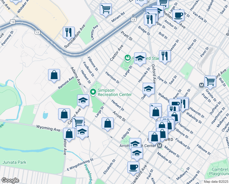 map of restaurants, bars, coffee shops, grocery stores, and more near 1101 Foulkrod Street in Philadelphia