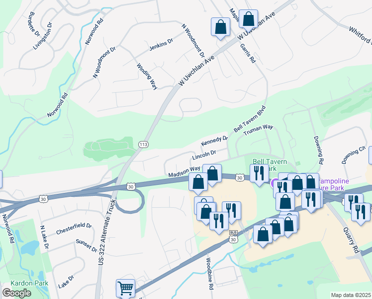 map of restaurants, bars, coffee shops, grocery stores, and more near 159 Madison Way in Downingtown