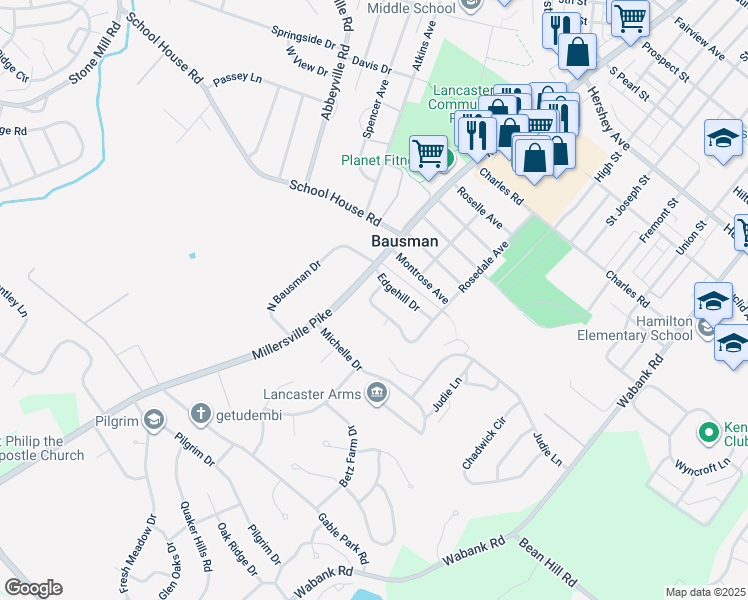 map of restaurants, bars, coffee shops, grocery stores, and more near 33 Springhouse Road in Lancaster