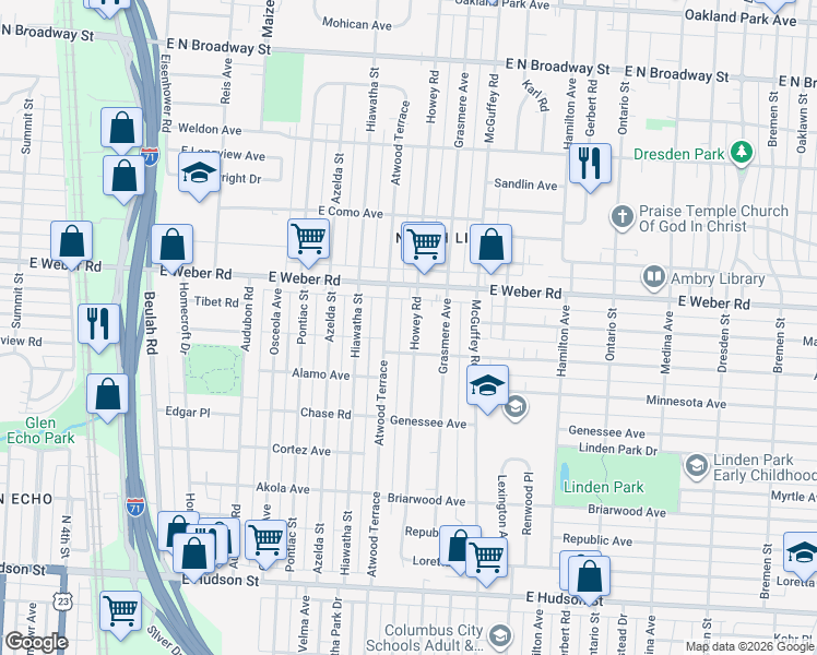 map of restaurants, bars, coffee shops, grocery stores, and more near 2783 Howey Road in Columbus