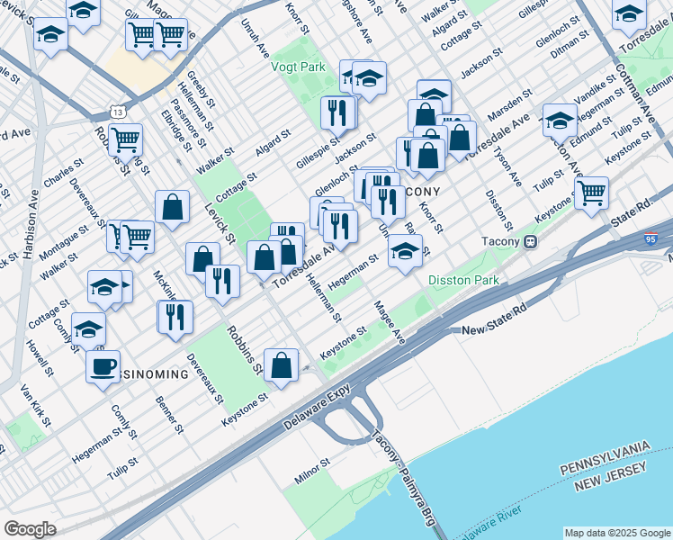 map of restaurants, bars, coffee shops, grocery stores, and more near 6539 Vandike Street in Philadelphia