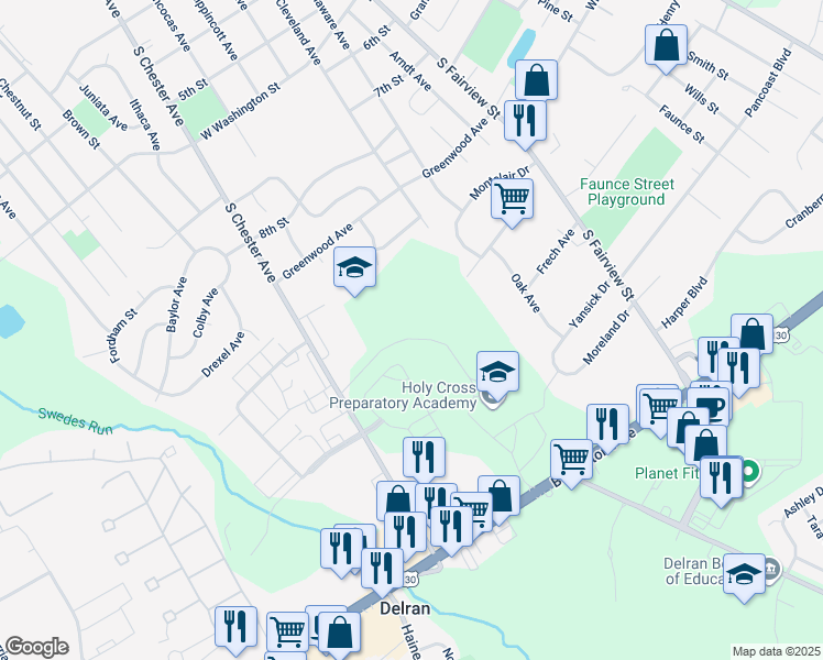map of restaurants, bars, coffee shops, grocery stores, and more near in Delran