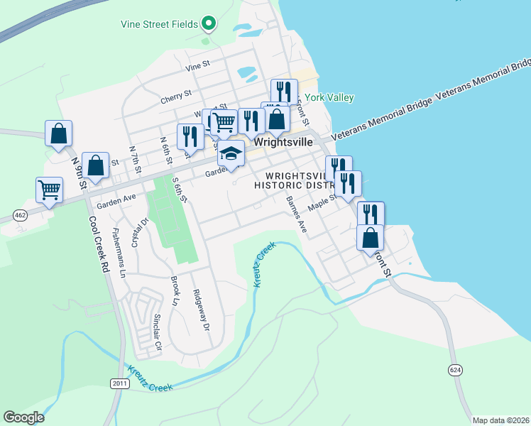 map of restaurants, bars, coffee shops, grocery stores, and more near 310 Orange Street in Wrightsville