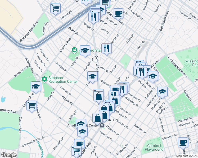 map of restaurants, bars, coffee shops, grocery stores, and more near 4940 Akron Street in Philadelphia