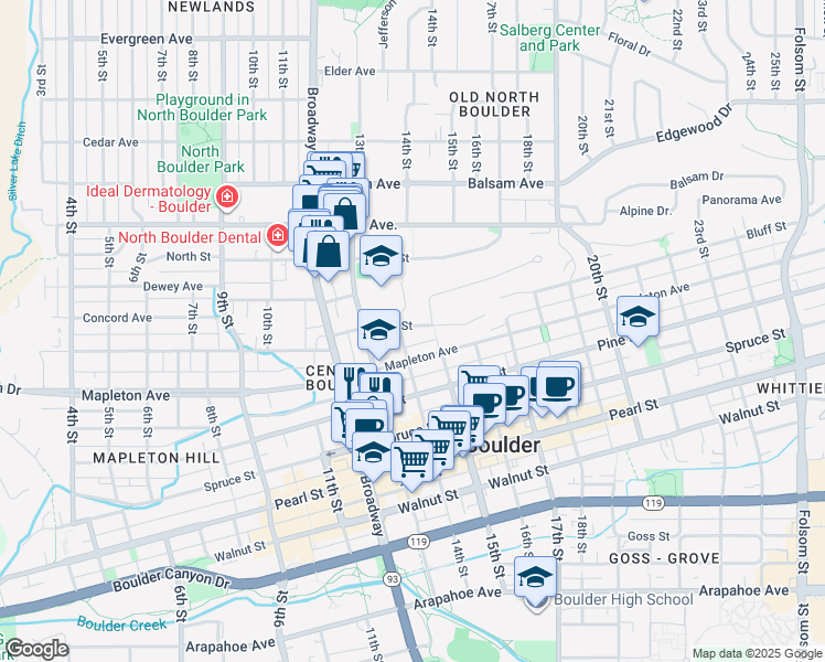 map of restaurants, bars, coffee shops, grocery stores, and more near 2410 13th Street in Boulder