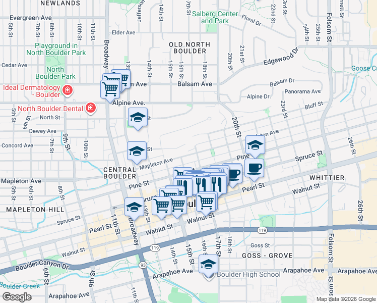 map of restaurants, bars, coffee shops, grocery stores, and more near 1697 Mapleton Avenue in Boulder