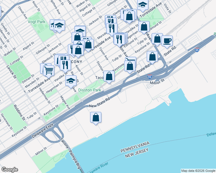 map of restaurants, bars, coffee shops, grocery stores, and more near 4943 Disston Street in Philadelphia