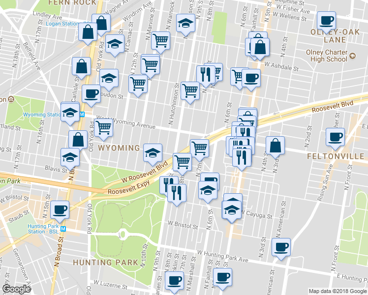 map of restaurants, bars, coffee shops, grocery stores, and more near 737 West Roosevelt Boulevard in Philadelphia