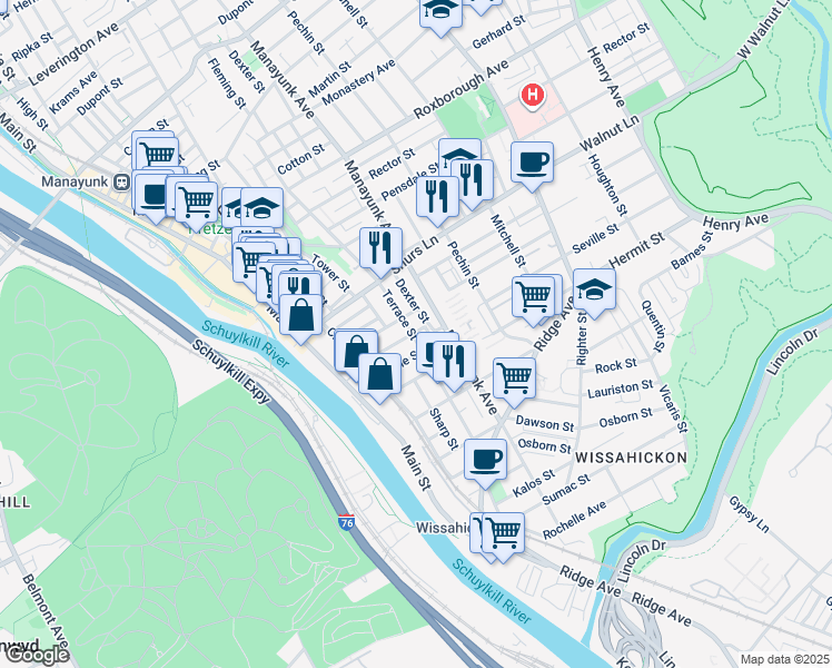 map of restaurants, bars, coffee shops, grocery stores, and more near 201 East Street in Philadelphia