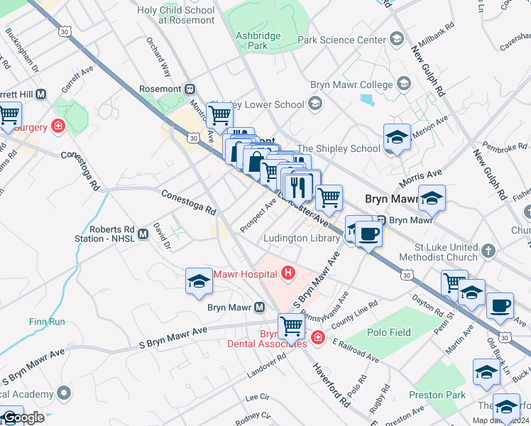 map of restaurants, bars, coffee shops, grocery stores, and more near 31 Prospect Avenue in Bryn Mawr