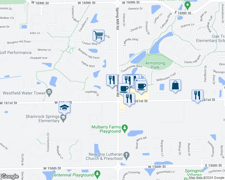 map of restaurants, bars, coffee shops, grocery stores, and more near 16156 Spring Mill Road in Westfield