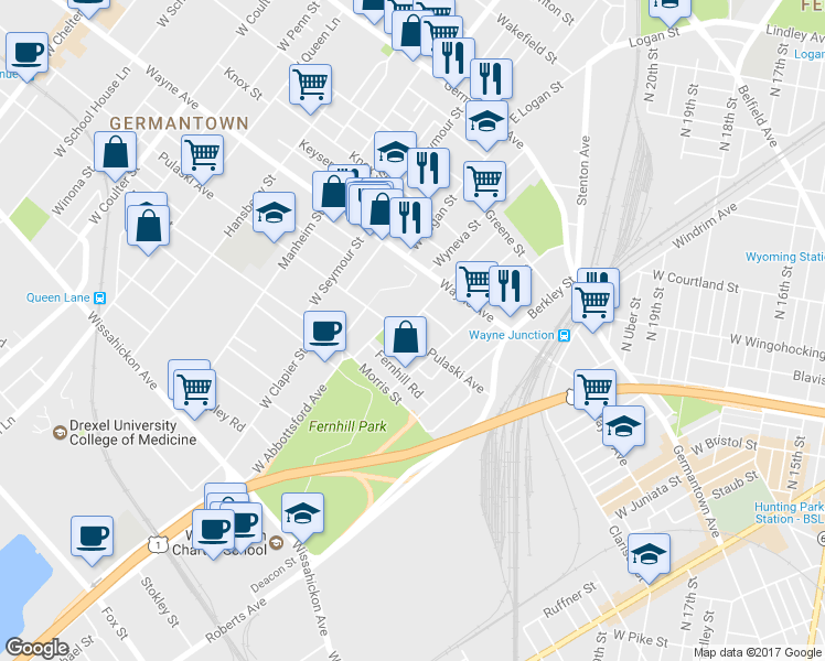 map of restaurants, bars, coffee shops, grocery stores, and more near 4625 Pulaski Avenue in Philadelphia