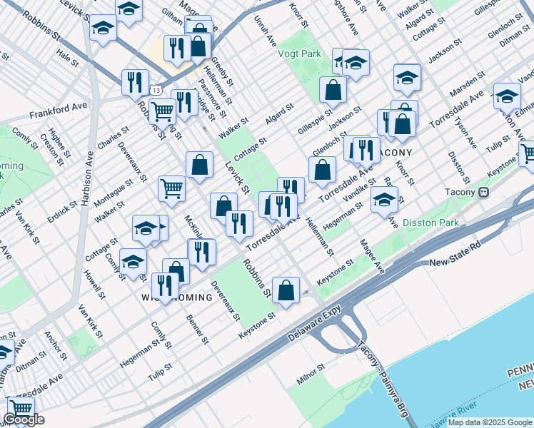 map of restaurants, bars, coffee shops, grocery stores, and more near 6404 Marsden Street in Philadelphia