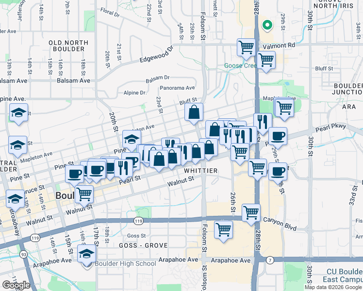 map of restaurants, bars, coffee shops, grocery stores, and more near 2333 Spruce Street in Boulder