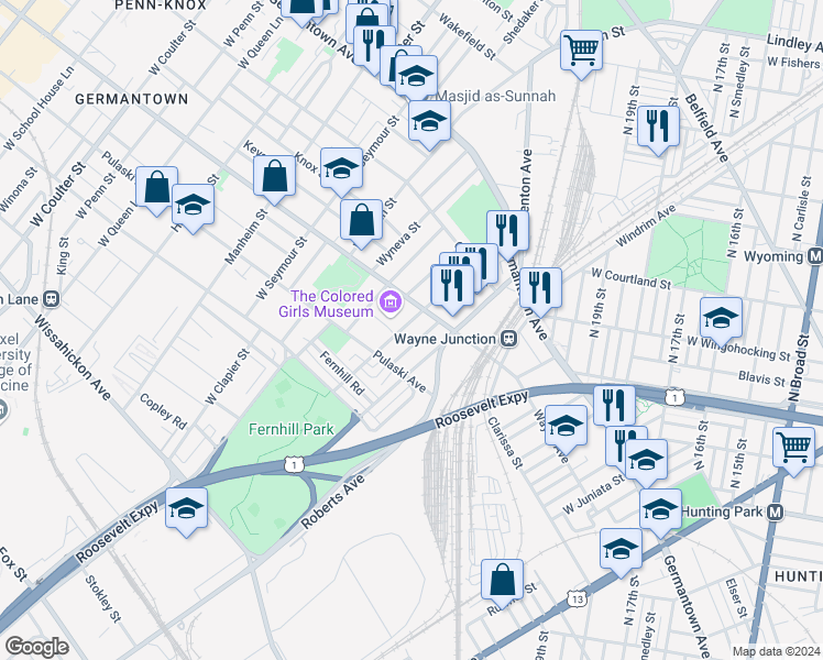 map of restaurants, bars, coffee shops, grocery stores, and more near 224 West Apsley Street in Philadelphia