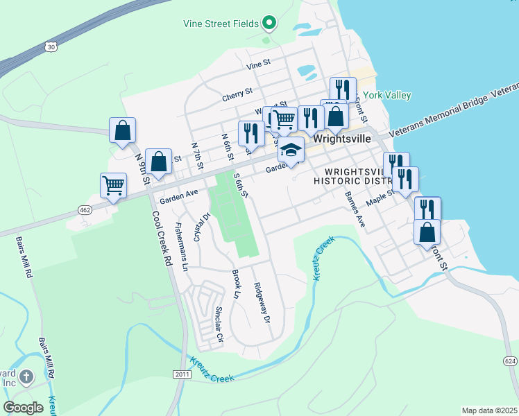 map of restaurants, bars, coffee shops, grocery stores, and more near 211 South 6th Street in Wrightsville