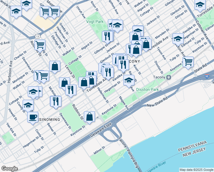 map of restaurants, bars, coffee shops, grocery stores, and more near 6539 Vandike Street in Philadelphia