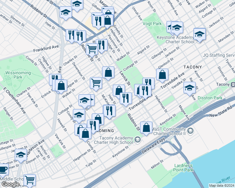 map of restaurants, bars, coffee shops, grocery stores, and more near 6304 Glenloch Street in Philadelphia