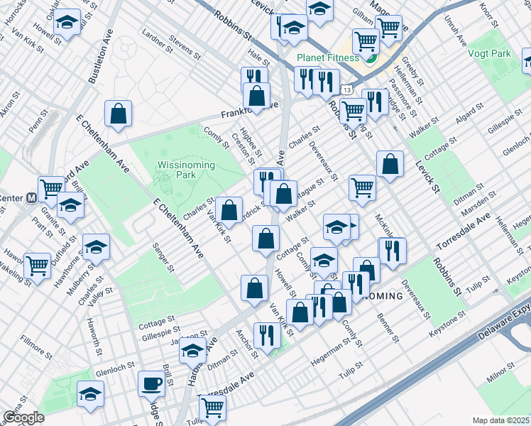 map of restaurants, bars, coffee shops, grocery stores, and more near 4208 Comly Street in Philadelphia