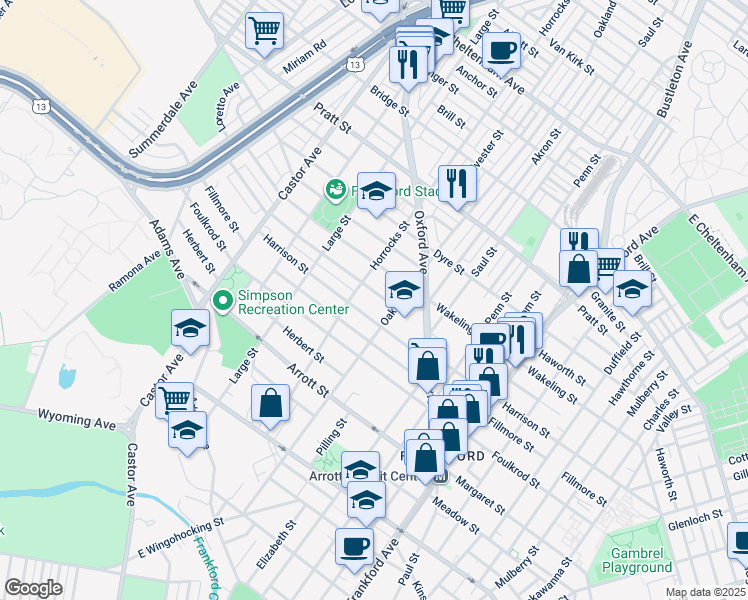 map of restaurants, bars, coffee shops, grocery stores, and more near 1216 Allengrove Street in Philadelphia