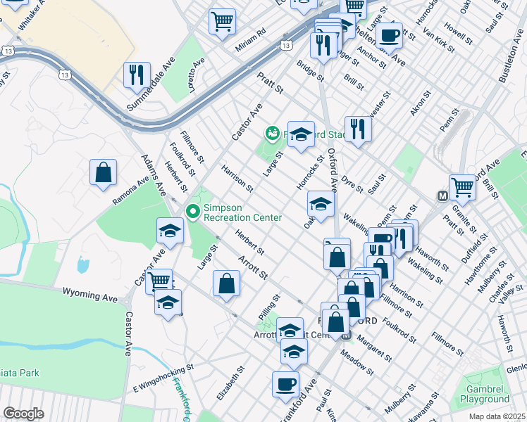 map of restaurants, bars, coffee shops, grocery stores, and more near 1123 Fillmore Street in Philadelphia