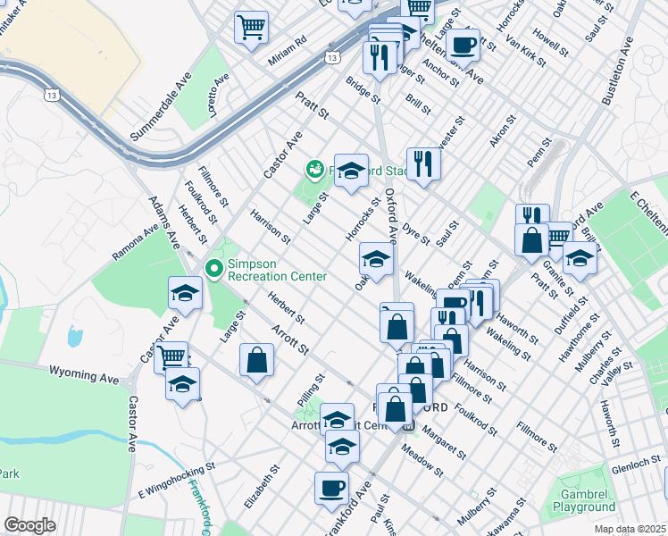 map of restaurants, bars, coffee shops, grocery stores, and more near 1203 Harrison Street in Philadelphia