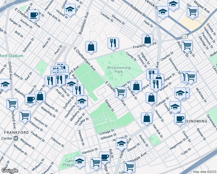 map of restaurants, bars, coffee shops, grocery stores, and more near 4058 East Cheltenham Avenue in Philadelphia