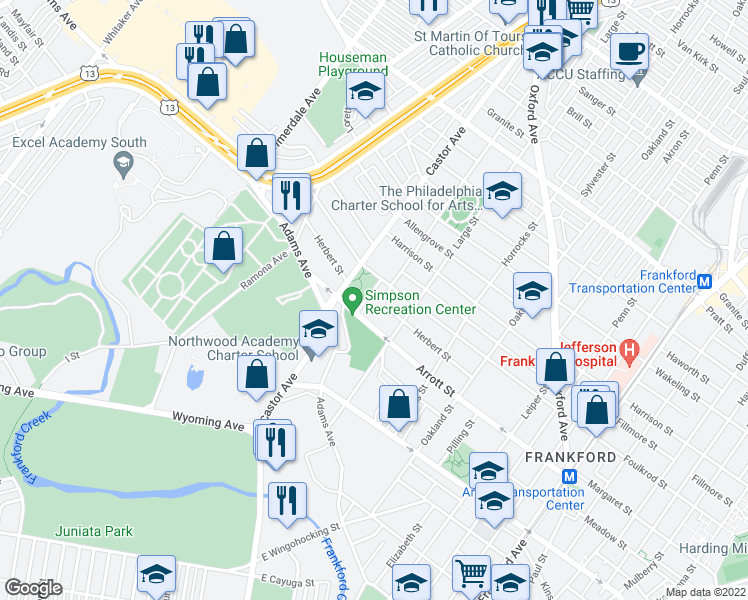 map of restaurants, bars, coffee shops, grocery stores, and more near 4725 Northwood Street in Philadelphia