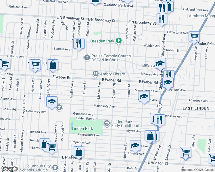 map of restaurants, bars, coffee shops, grocery stores, and more near 1463 East Weber Road in Columbus