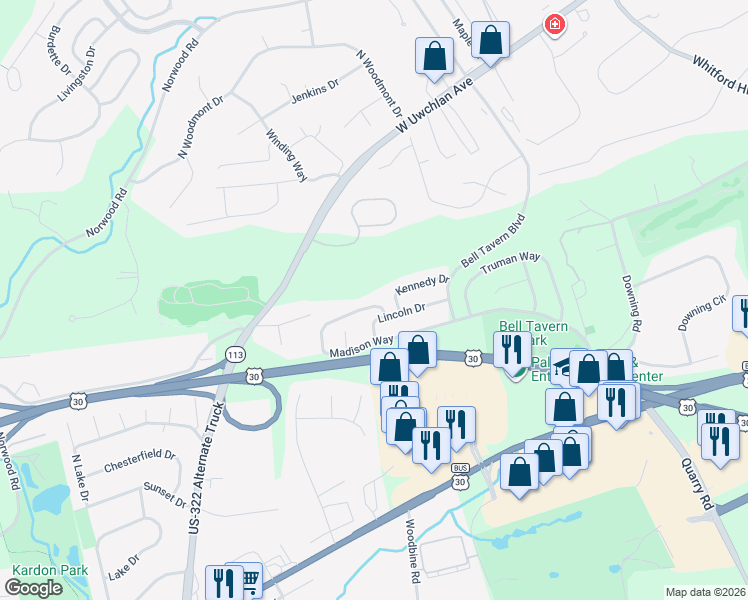 map of restaurants, bars, coffee shops, grocery stores, and more near 40 Kennedy Drive in Downingtown