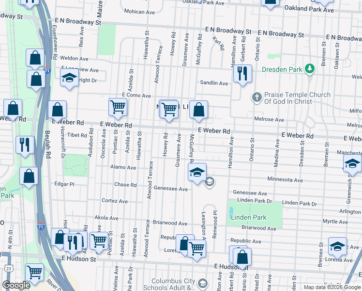 map of restaurants, bars, coffee shops, grocery stores, and more near in Columbus