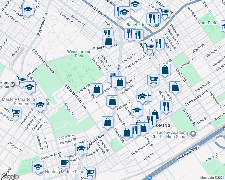 map of restaurants, bars, coffee shops, grocery stores, and more near 4208 Comly Street in Philadelphia