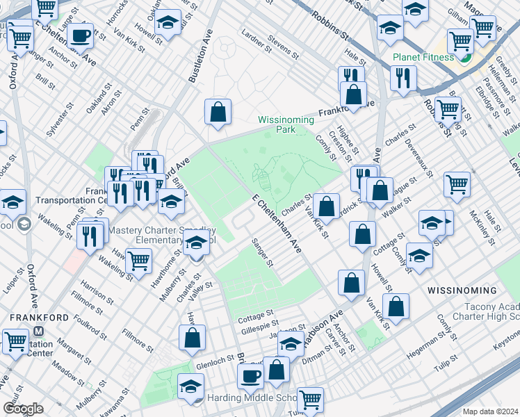 map of restaurants, bars, coffee shops, grocery stores, and more near 4058 East Cheltenham Avenue in Philadelphia