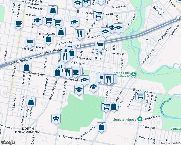 map of restaurants, bars, coffee shops, grocery stores, and more near 4765 B Street in Philadelphia