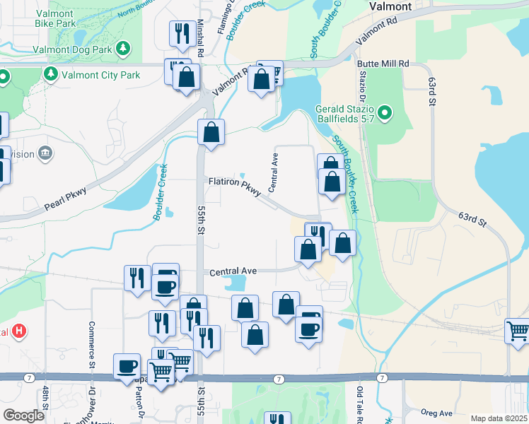 map of restaurants, bars, coffee shops, grocery stores, and more near 5576-5652 Flatiron Parkway in Boulder