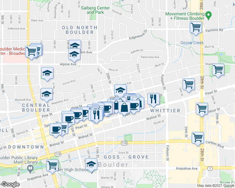 map of restaurants, bars, coffee shops, grocery stores, and more near 2020 Mapleton Avenue in Boulder