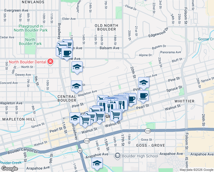 map of restaurants, bars, coffee shops, grocery stores, and more near 1700 Bluff Street in Boulder