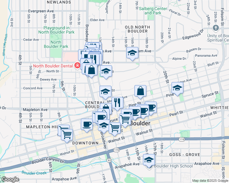 map of restaurants, bars, coffee shops, grocery stores, and more near 2410 13th Street in Boulder